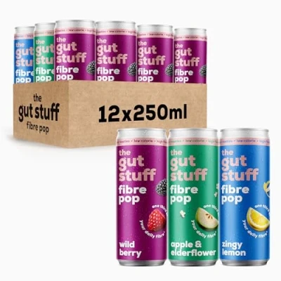 Image of The Gut Stuff High Fibre Fizzy Pop Mixed Flavours Friendly Prebiotic Soda, Low Calorie, No Nasties or Sweeteners 12x250ml box