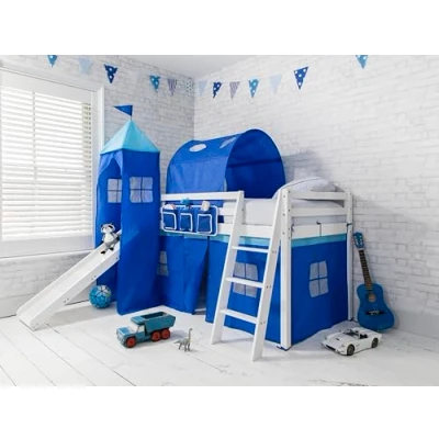 Image of Noa and Nani Mid Sleeper Bunk bed WHITE Pine Cabin with Slide + BLUE Design Tunnel 6970WG