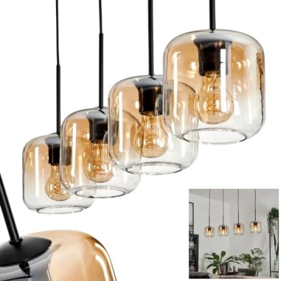 Image of Hanging lamp Lauden, Light Made of Metal/Glass in Black/Amber/Clear, lampshades Glass (Ø 15 cm), Height max. 147,5 cm, 4 x E27, Without Bulbs