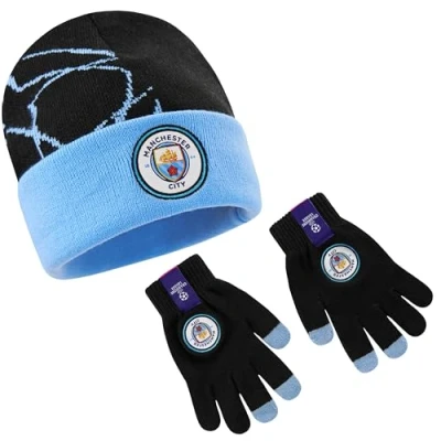 Image of Manchester City F.C. Boys Beanie Hat &amp; Gloves Set Winter Accessories, Gifts