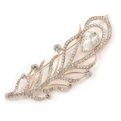 Image of Avalaya Large Clear Crystal, CZ Peacock Feather Brooch in Rose Gold Metal 10cm