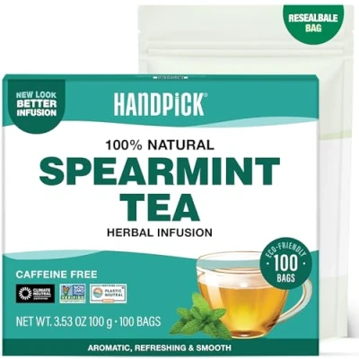 Image of HANDPICK, Spearmint Tea Bags (100 Count) Non GMO, 100% Pure Leaf Certified by Board of India Round Eco Conscious