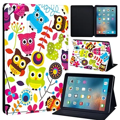 Image of Initial Letter Leather slim lightweight Stand Cover Case for Apple New iPad 9.7 2018 2017(6th Gen, 5th Gen)/iPad Air 2/iPad Air/iPad Pro Tablet with Auto Wake/Sleep (cute owls)