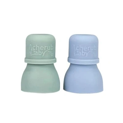 Image of Cherub Baby Silicone Reusable Food Pouch Topper Attachment Soft Non Spill Spouts 2PK with Travel Case (Cerulean/Sage)