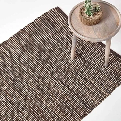Image of HOMESCAPES Madras Leather Hemp Rug Brown 5 x 8 ft