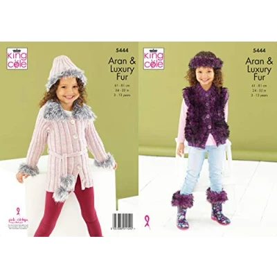 Image of King Cole Aran &amp; Luxury Fur Knitting Pattern Girls Jacket Gilet Boot Toppers Hat Headband (5444)