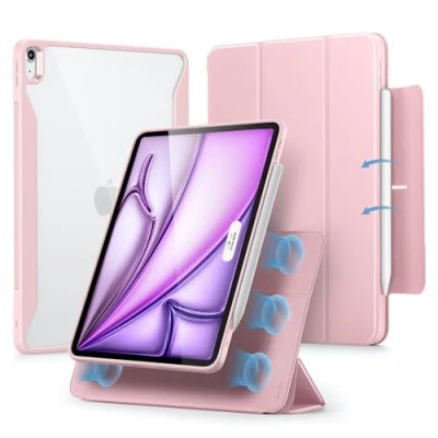 Image of ESR for iPad Air 13 inch Case, (2024) Case with Pencil Holder, Removable Magnetic Cover, Vertical Stand, Fully Supports Apple Pro and (USB C), Rebound 360 Series, Pink