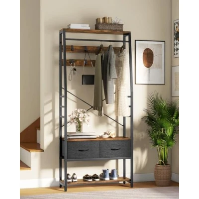 Image of YITAHOME Coat Rack Stand with Shoe Storage, Floorstanding Hall Tree Bench &amp; 2 Foldable Drawers, Industrial Stands 8 Hooks for Hallway Living Room Bedroom, Metal Frame, Rustic Brown