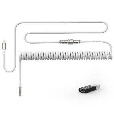 Image of MAMBASNAKE Coiled Usb C Cable for Mechanical Keyboard with To Adaptor, Type C, TPU Double Sleeved Spring Charging 5 Pin Metal Aviator Connector, 4.92ft Length White