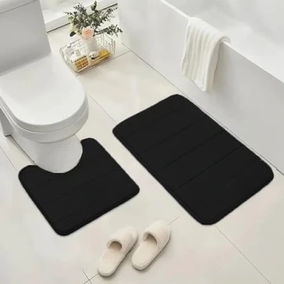 Image of ZIYA HOMES Black Memory Foam Bath Mat 2 Piece 50x40cm+50x80cm, Extra Soft Non Slip, Super Absorbent Mats for Bathroom Floor, Machine Washable Dry Rug Foot Mat, Doormat