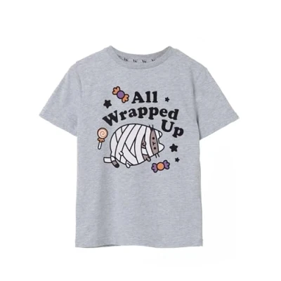 Image of Pusheen Girls Short Sleeved T Shirt All Wrapped Up Halloween Grey Graphic Tee for Kids The Cat Seasonal Sleeve Top Spooky and Cute Merchandise Gift Children