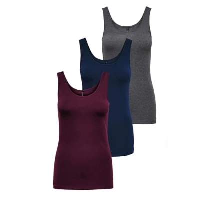 Image of ONLY Onllive Love Tank Noos Women&#039;s Top, Pack of 3 (Dark Grey Melange, Pageant Blue, Port Royale), L