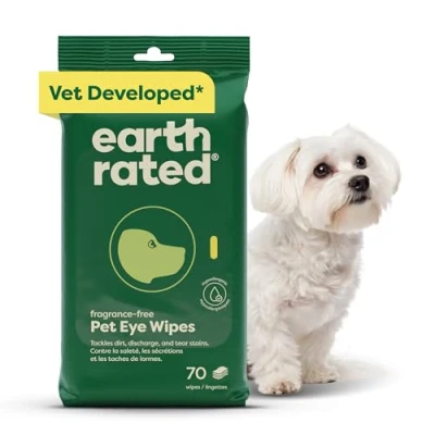 Image of Earth Rated Pet Eye Wipes, Hypoallergenic Wipes for Dogs &amp; Cats to Remove and Reduce Tear Stains Discharge, Fragrance Free, 70 Count