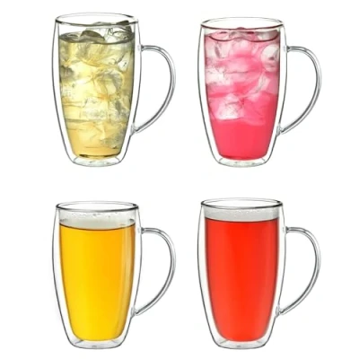 Image of Creano Double Walled Coffee Glasses with Handle 400ml Insulated Latte Macchiato Cups Cappuccino, Tea Handmade Heat Resistant XXL Mugs 4 pcs (Pack of 1)