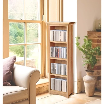 Image of Hallowood Furniture Camberley Oak Media Shelf Rack with 3 Shelves, Solid Wooden Storage Shelves in Light Oak, CD Rack, DVD Slim Bookcase, Tower for 96CD or 68DVD
