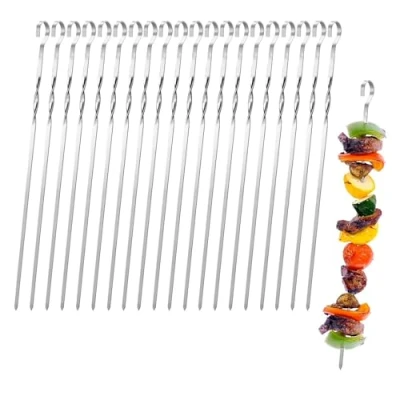 Image of Kebab Skewers Stainless Steel 30cm, 20pcs BBQ Kebabs Sticks Flat Metal Shish Barbecue Long Skewer Stick for Grill Kabob