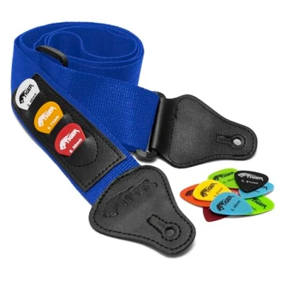 Image of TIGER STPK BL Guitar Strap with 12 Free Picks Blue