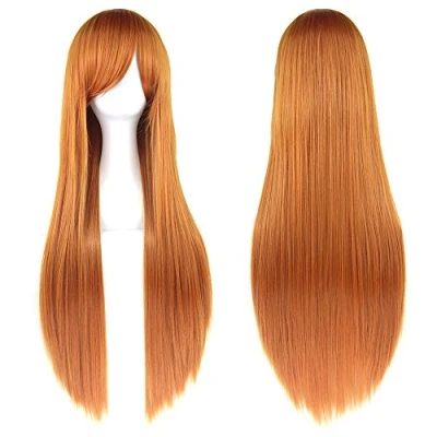 Image of Fouriding 32&quot; Orange Women&#039;s Long Straight Full Wigs Costume Synthetic Hair Hairpieces with Oblique Bangs for Halloween Anime Cosplay Party Girl Women +Wig Cap