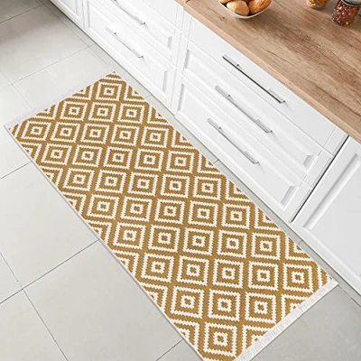 Image of Jimri Fashion4Home Short Pile Boho Kilim Rug, Living Room Bedroom and Kitchen Rug Runner, Hallway Children&#039;s Trio Gold White, Sizes: 80 x 200 cm