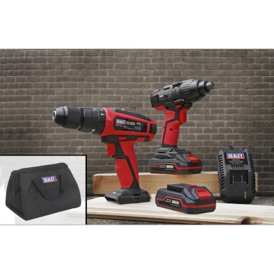 Image of Sealey 20V SV20 Series Cordless Ø13mm Hammer Drill/1/4&quot;Hex Drive Impact Driver Combo Kit