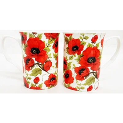 Image of Red Poppy Mugs Set of 2 Fine Bone China Floral Poppies Cups Hand Decorated in UK