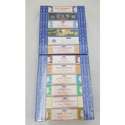 Image of Satya Nag Champa Pack of 12 Variety Champa, Superhit, Natural, Om, Palo Santo, Egyptian Musk, Guruji, Sandalwood, Money Matrix, Californian White Sage, Ayurveda, Tree Life.