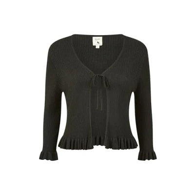 Image of Yumi Womens Black Tie Up Ribbed Cardigan With Frill Hem viscose Size Medium