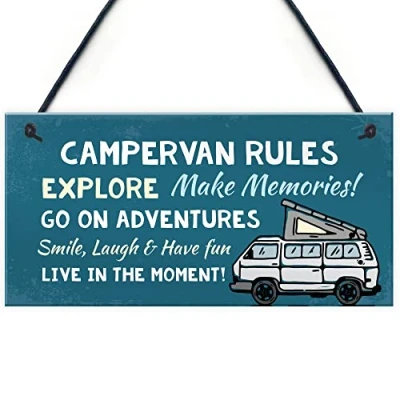 Image of Red Ocean Campervan Rules Sign Hanging Door Plaque Caravan Holiday, Gift For Him Her Men Women