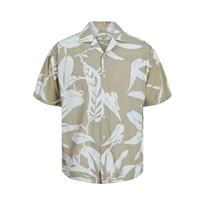 Image of JACK &amp; JONES Men&#039;s Jprblatt ropic Resort Shirt S/S Relax Sn, White Pepper/Print: ss23, XL