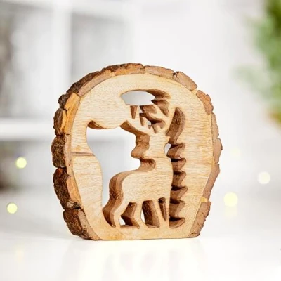 Image of Marco Paul Handmade Wooden Deco Reindeer Ornament Unique 17cm Durable Free Standing Christmas Decoration for Table decor, Home decor (17cm Reindeer)