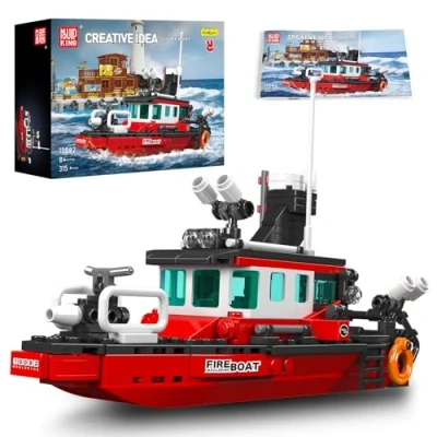 Image of Mould King 10082 Toy Ship Building Block Set, MOC Fire Boat Model Blocks Kit, Clamp Gifts Suitable for Children aged 8 and above (315 PCS)