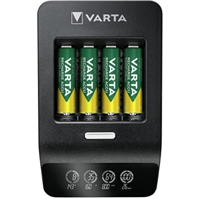 Image of Varta Ultra Fast Charger+ for AA/AAA, single bay charge, detection of defective cells, can be used worldwide, includes 4x Recharge Battery Power AA 2100 mAh,57685101441