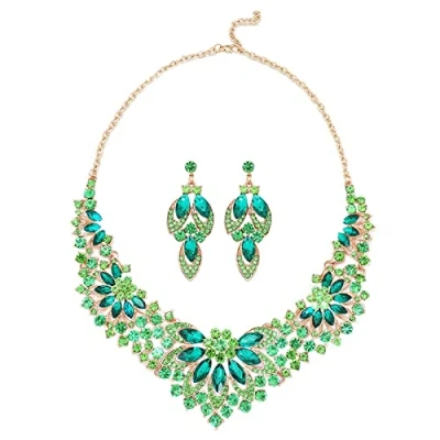 Image of KONFEN Wedding Bridal Jewellery Set, Crystal Necklaces and Earrings Set Pendant Chunky Dangle Drop Necklace Gift Fashion for Women Girls (Green)
