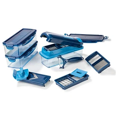 Image of Genius Nicer Dicer Smart (14 Pieces) in Blue Vegetable Cutter for Cubes, Sticks, Slices, Strips and Quarters Including Recipe Book Salad Mandolin Cucumber Slicer