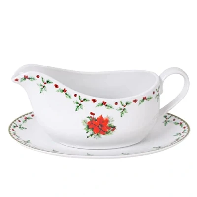 Image of Harvey &amp; Mason 350ml Gravy Boat Saucer Holly Range Porcelain Jug Festive Christmas Dinner