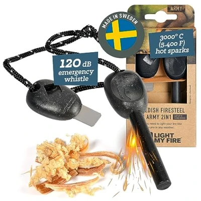 Image of Light My Fire Swedish Flint Starter Ferro Rod Survival Tools ARMY Steel Bushcraft Camping Gear and Kit 2 in 1 Striker 12,000 Strikes