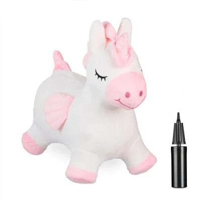 Image of Relaxdays Bouncing Hopper, Unicorn Design, incl. Pump, for Children 3+, 50 kg Capacity, BPA Free, Inflatable, White/Pink, 48 x 27 52 cm