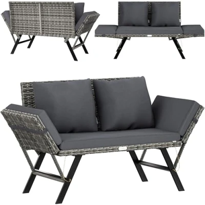 Image of CASARIA® Polyrattan Garden Bench With Reclining Function Includes Cushion Adjustable Armrests Weatherproof Outdoors Patio Terrace Balcony Sofa Couch Lounger Grey
