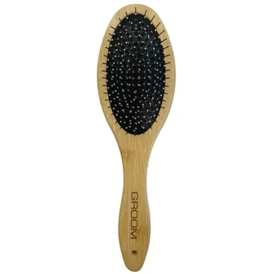 Image of Happy Pet Bamboo Eco Groom Pin Brush for Pets, Durable Grooming Tool with Steel Pins and Comfort Grip, Ideal All Breeds Short to Medium Coats