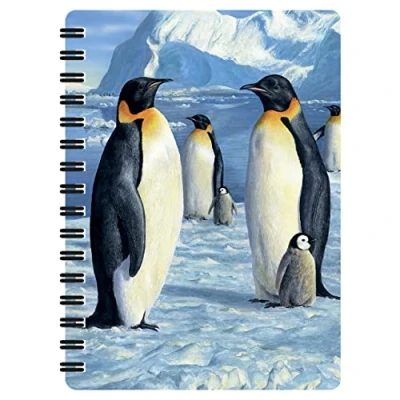 Image of 3D LiveLife Jotter Antartic Majesty from Deluxebase. Lenticular Penguin A6 Spiral Notebook with plain recycled paper pages. Artwork licensed renowned artist Robert Hautman
