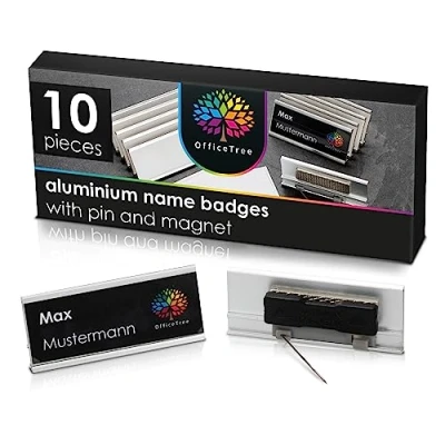 Image of OfficeTree 10 x Aluminium Name Badges Magnet incl. pin tag for Clothing Magnetic Trade Shows seminars Events