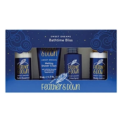 Image of Feather &amp; Down Bathtime Bliss Gift Set (Shower Cream, Pillow Spray, Bath Essence Body Lotion) With calming lavender chamomile essential oils. Vegan Friendly Cruelty Free.