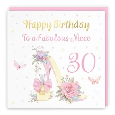 Image of Hunts England 30th Niece High Heel And Perfume Birthday Card Luxury Gold Foil Milo&#039;s Gallery Age 30 Butterflies, Flowers, Hearts Pretty For