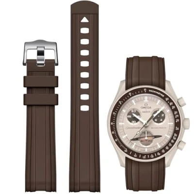 Image of REBANDACE strap for Omega x Swatch Moonswatch Watch 20mm,Soft Replacement Rubber Speedmaster,Curved No Gap Men Women (Brown)