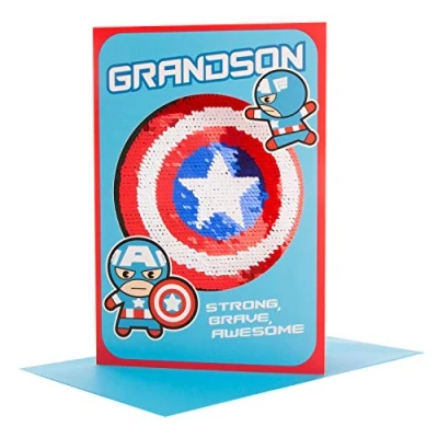 Image of Hallmark Reversible Sequin Grandson Birthday Card &#039;Captain America&#039; Medium
