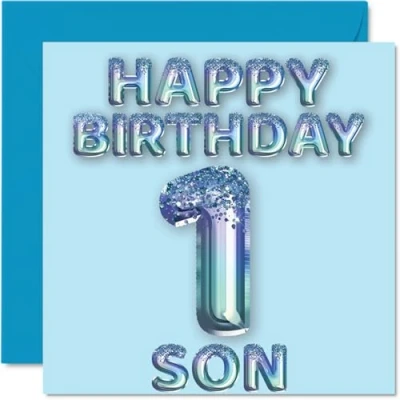 Image of 1st Birthday Card for Son Blue Glitter Party Balloons Happy Cards 1 Year Old from Mum Dad Parents, 145mm x Bday Greeting Gift