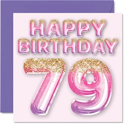 Image of 79th Birthday Card for Women Pink &amp; Purple Glitter Balloons Happy Cards 79 Year Old Woman Mum Great Nanny Grandma Gran, 145mm x Seventy Nine Ninth Greeting Gift