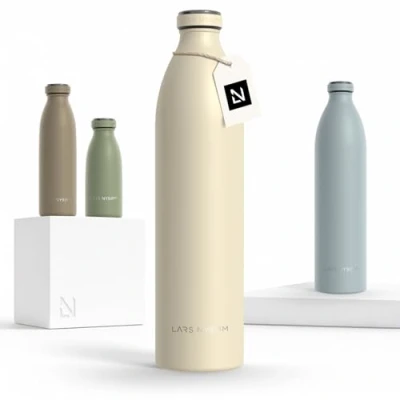 Image of LARS NYSØM Stainless Steel Insulated XL Water Bottle 12oz 17oz 25oz 34oz 51oz Thermo Flask for Hot and Cold Beverages Leakproof Drinking (Almond Beige, 1500ml)