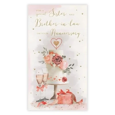 Image of Sister and Brother in Law Anniversary Card Cake Champagne Floral Design Special Finishes Illustrated Insert Leaf Made the UK Eco Friendly