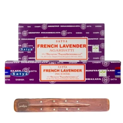 Image of Satya Nag Champa French Lavender incense sticks x12 pack with SAMASIA holder Used for Fromatherapy, Spa, Yoga, Weddings, Meditation, Healing, Positivity and Relaxation